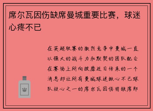 席尔瓦因伤缺席曼城重要比赛，球迷心疼不已