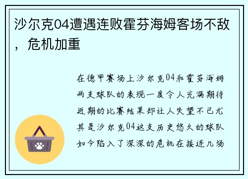 沙尔克04遭遇连败霍芬海姆客场不敌，危机加重
