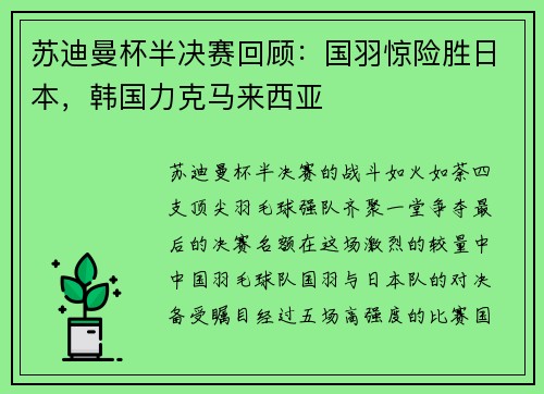 苏迪曼杯半决赛回顾：国羽惊险胜日本，韩国力克马来西亚