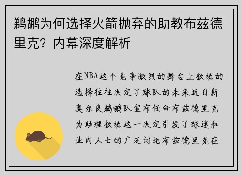 鹈鹕为何选择火箭抛弃的助教布兹德里克？内幕深度解析